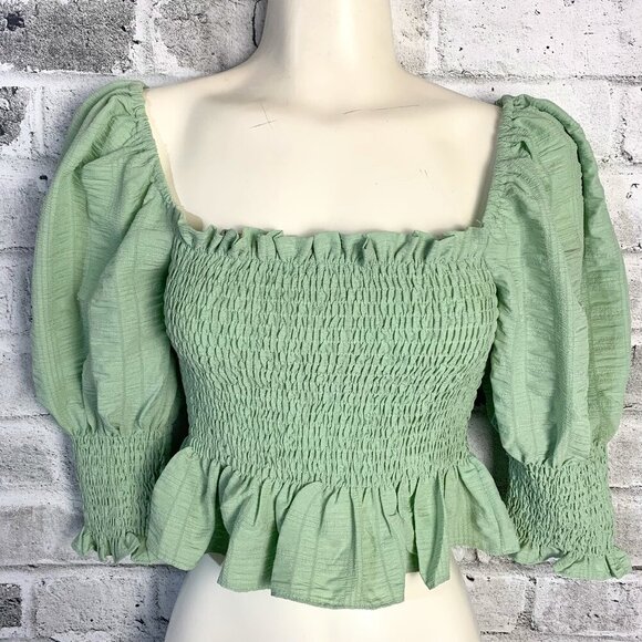 En Saison Crop Top Mint Smocked Puff Sleeve Square Neck Peasant Boho Blouse - Picture 1 of 12